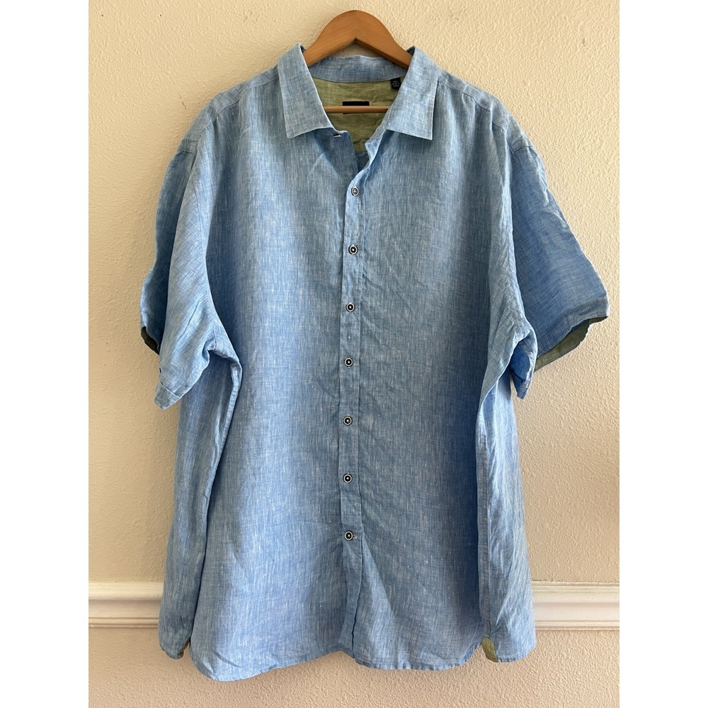 Rochester Light Blue 100% Linen Short Sleeve Button Up Shirt Men's 3XL Preppy